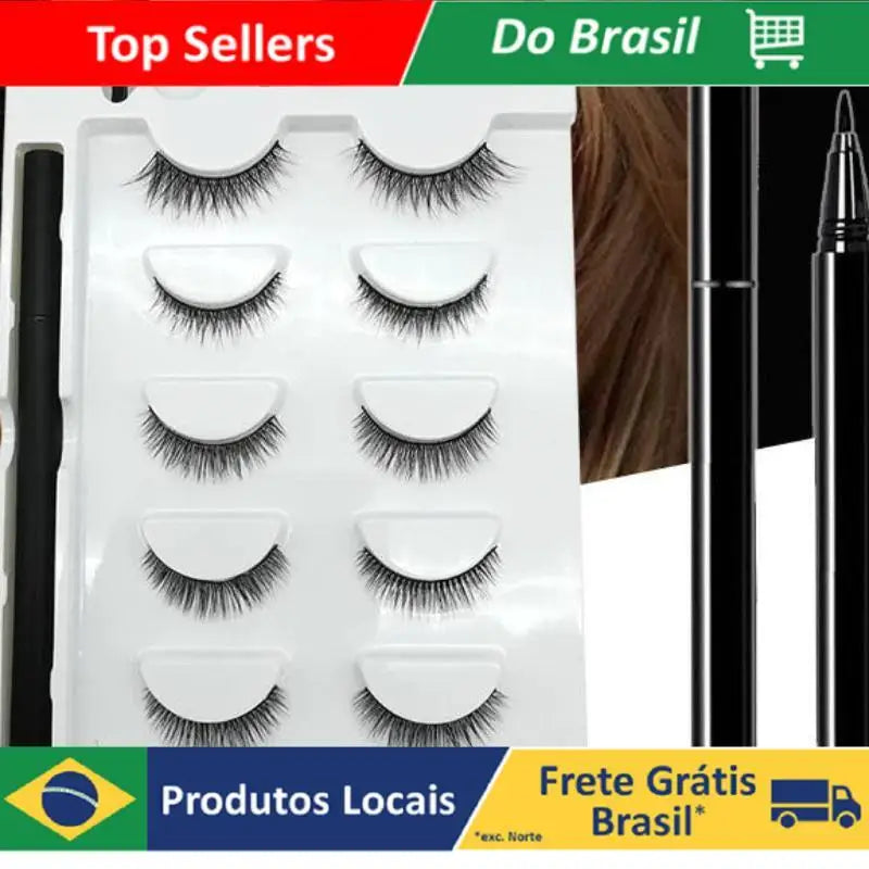 Kit 5 Pares de Cílios + Conjunto de Delineador Magnético para Cílios